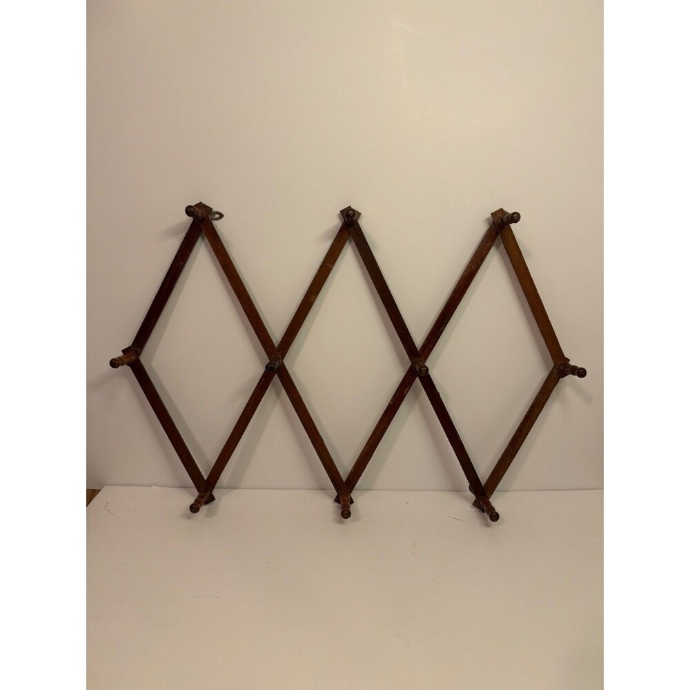 Vintage Wooden Accordion Wall Rack Expandable Adjustable 10 Peg Hook Mid Century